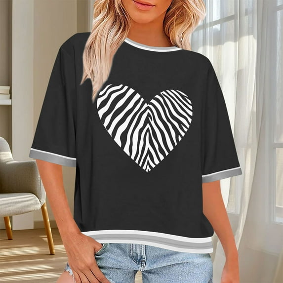 Byworldtasic Women's Basic Blouses Womens Oversized Cropped T-Shirts Scoop Neck Short Sleeve Boxy Tee Heart Printed Color Block Workout Tops