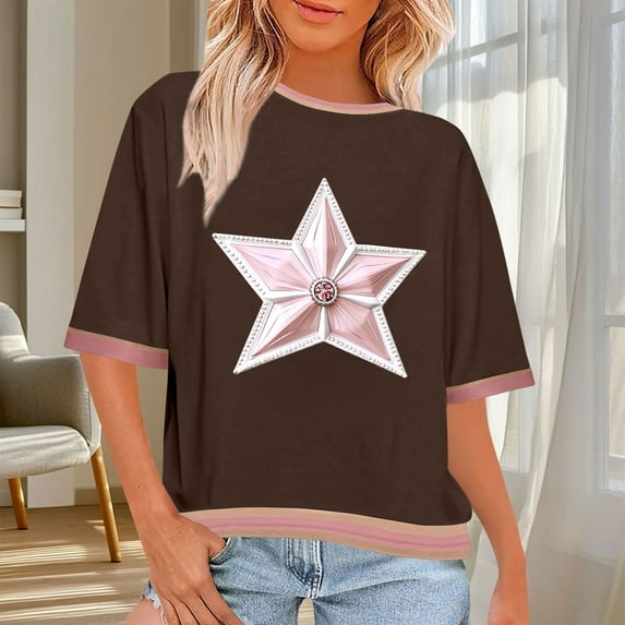 Byworldtasic Women's Basic Blouses Womens Oversized Cropped T-Shirts Scoop Neck Short Sleeve Boxy Tee Printed Color Block Workout Tops