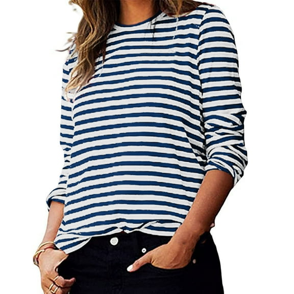 Byworldtasic Women's Basic Long Sleeve Striped T Shirts No Boundaries Casual Crewneck Blouses Comfortable Tunic Tops