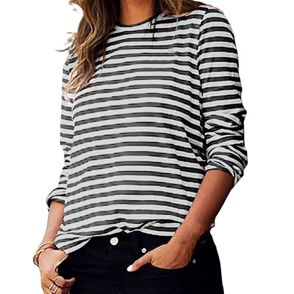 Byworldtasic Women's Basic Long Sleeve Striped T Shirts No Boundaries Casual Crewneck Blouses Comfortable Tunic Tops