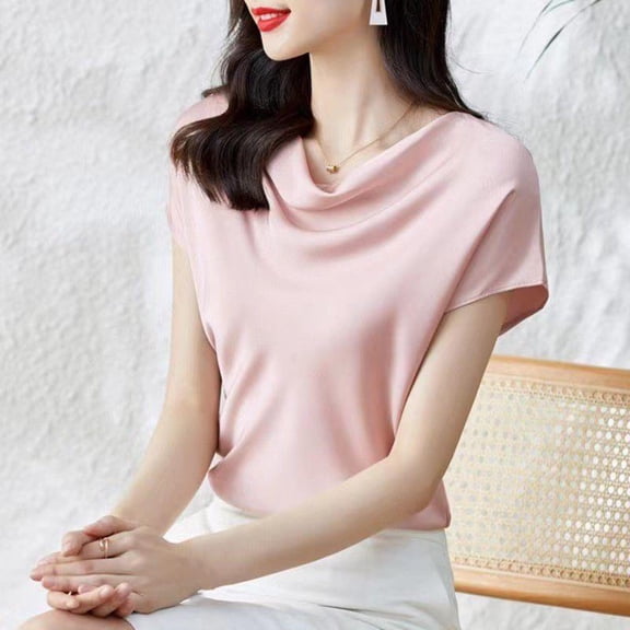 Byworldtasic Women's Basic Shirt Women's Ruched Draped Front Mock Neck Short Sleeve Solid Tee Shirt Casual Summer Top