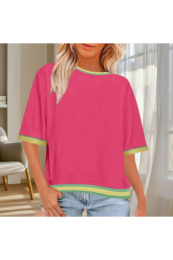 Women's Basic Shirt Womens Oversized Cropped T-Shirts Scoop Neck Short Sleeve Boxy Tee Shirts Color Block Workout Tops