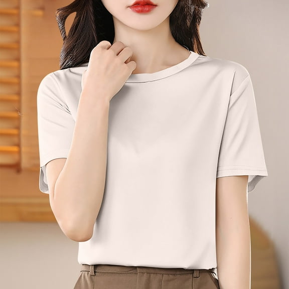 Byworldtasic Women's Basic Shirt Womens Oversized Cropped T-Shirts Scoop Neck Short Sleeve Boxy Tee Shirts Solid Color Workout Tops