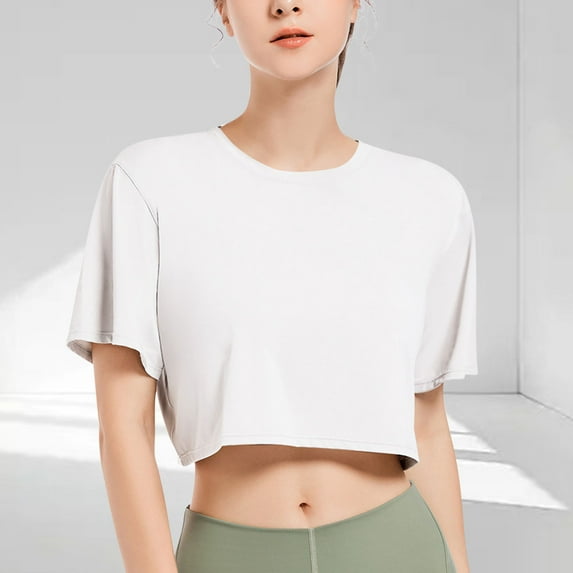 Byworldtasic Women's Basic Shirt Womens Oversized Cropped T-Shirts Scoop Neck Short Sleeve Boxy Tops Solid Color Workout Tee Shirts