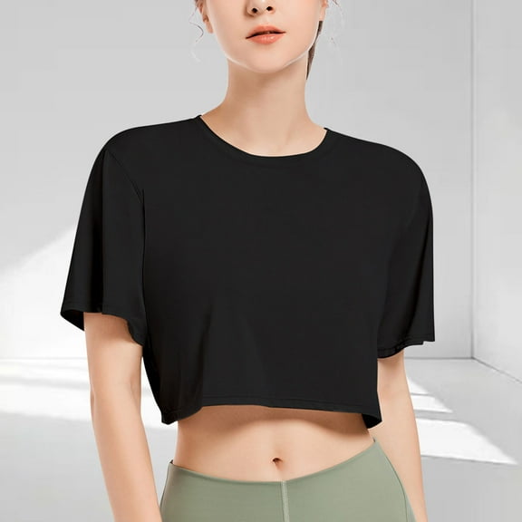 Byworldtasic Women's Basic Shirt Womens Oversized Cropped T-Shirts Scoop Neck Short Sleeve Boxy Tops Solid Color Workout Tee Shirts