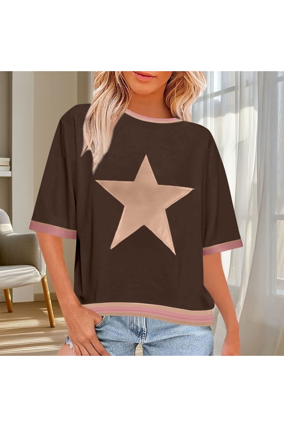 Women's Basic T-Shirts Womens Oversized Cropped Tee Scoop Neck Short Sleeve Boxy Tops Printed Color Block Workout Blouses