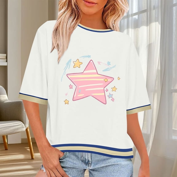 Byworldtasic Women's Basic Tops Womens Oversized Cropped T-Shirts Scoop Neck Short Sleeve Boxy Tee Printed Color Block Workout Shirts