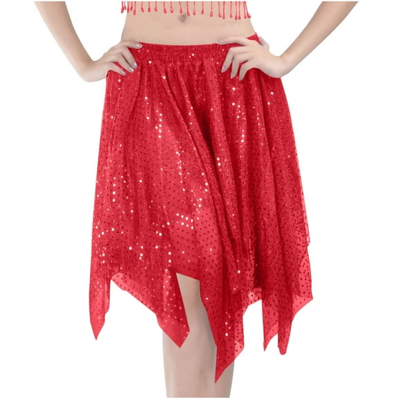 Byworldtasic Women's Belly Dance Skirts Bling Sequins Skirt Stretch Skirt Dance Practice Skirt