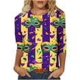 thumbnail image 1 of Byworldtasic Women's Carnival Sequins Top Casual Print Round Neck 3/4 Sleeve T-shirt Mardi Gras Blouse, 1 of 6