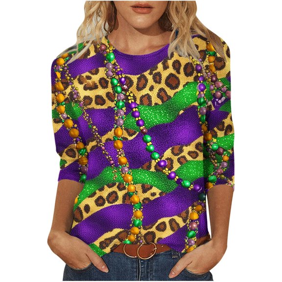 Byworldtasic Women's Carnival Sequins Top Casual Print Round Neck 3/4 Sleeve T-shirt Mardi Gras Blouse
