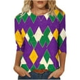 thumbnail image 1 of Byworldtasic Women's Carnival Sequins Top Casual Print Round Neck 3/4 Sleeve T-shirt Mardi Gras Blouse, 1 of 6