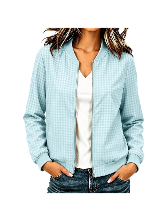 Women's Classic Bomber Jackets Checkered Lightweight Jacket Outwear with Lining Pockets