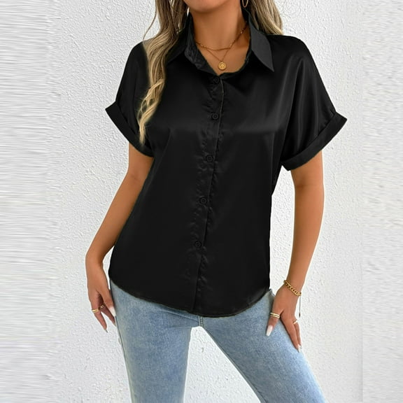 Byworldtasic Women's Collared Shirt Satin Button Down Shirt for Women Short Sleeve Silk Blouse V Neck Work Office Blouse Dressy Elegant Shirt Top Black