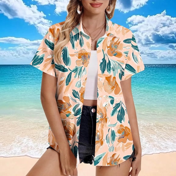 Byworldtasic Women's Collared Shirt Women Hawaiian Shirt Soft Cool Summer Hawaii Shirts Floral Tropic Print V Neck T-Shirt Short Sleeve Button Up Tops Multicolor-4