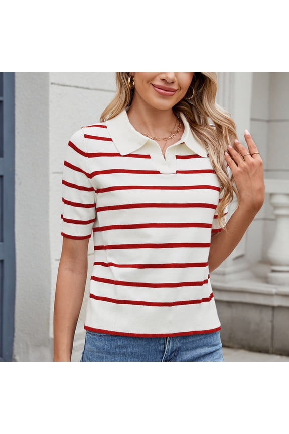 Women's Collared Shirt Women Short Sleeve Polo Sweater V Neck Knitted Tops Casual Ribbed Shirt Loose Pullover Sweater Red