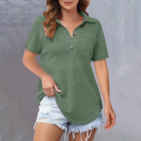 Byworldtasic Women's Collared Shirt Women Waffle Knit Tops Shirts Short Sleeve V Neck Solid Color Casual Blouse Army Green