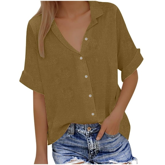 Byworldtasic Women's Collared Shirt Womens Short Sleeve Shirts Spring Summer Tops V Neck Collared Button Down Swim Cover Up Shirt Khaki