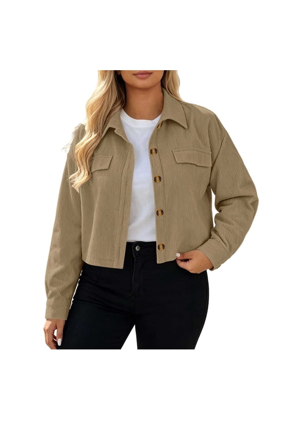 Women's Corduroy Button Down Jacket Fashion Long Sleeve Crop Jacket Shacket Coat with Pockets