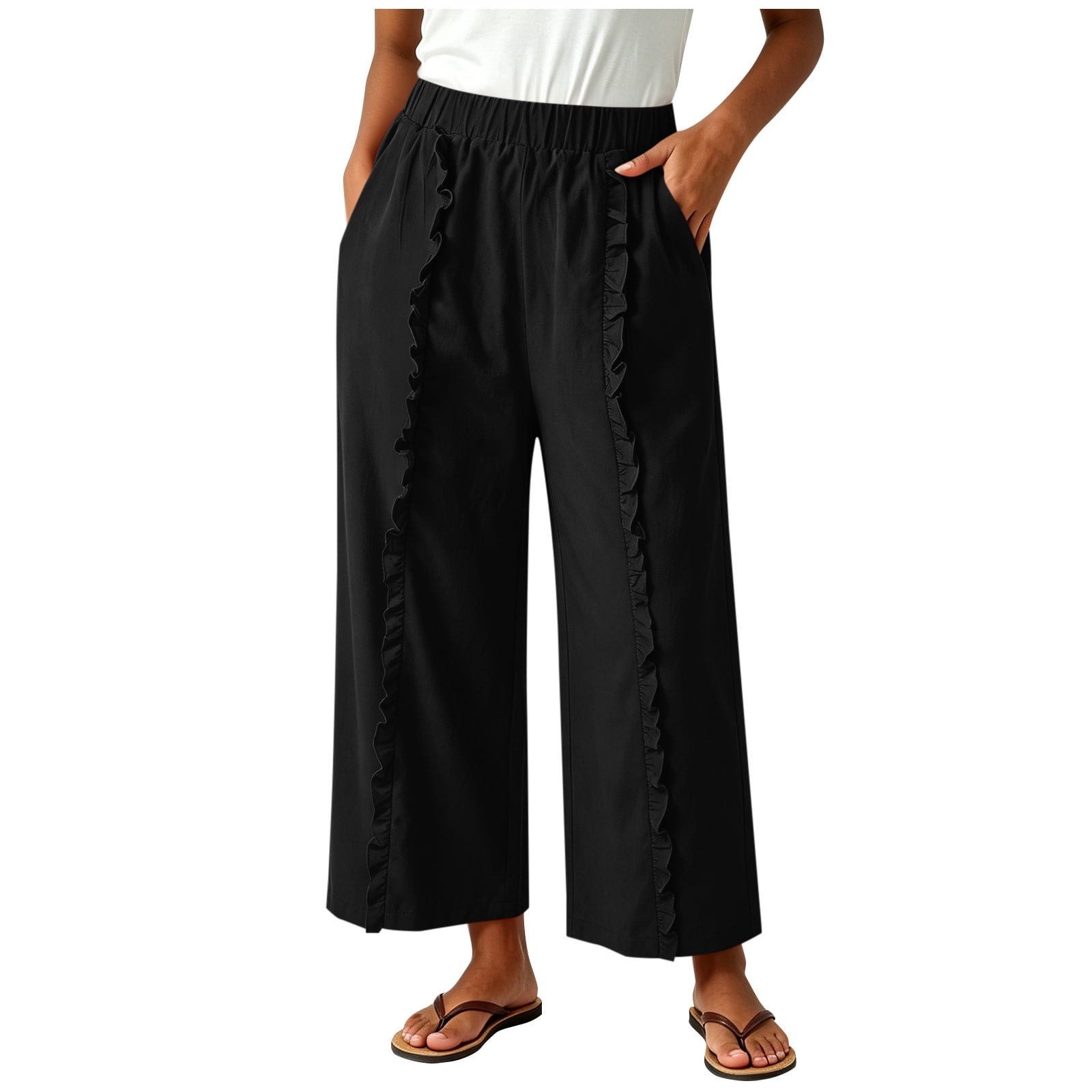Byworldtasic Women's Cotton Linen Ruffle Trim Cropped Pants High Waist ...
