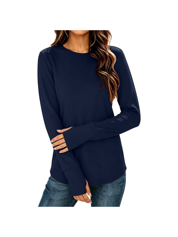 Women's Cotton Long Sleeve Shirts with Thumb Holes Crew Neck Soft Basic Tee Casual Plain T-Shirt