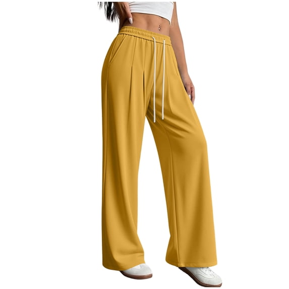 Byworldtasic Women's Cotton Pants High Waist Pleated Drawstring Wide Leg Pants Casual Loose Lounge Straight Sweat Trousers