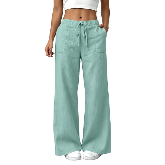 Byworldtasic Women's Cozy Cotton Linen Palazzo Pants Elastic Waist Loose Fit Flowy Trousers Vacation Outfits with Pockets