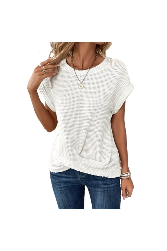 Women's Crew Neck Twist Front T Shirts Cap Sleeve Waffle Knit Loose Fit Tee Tops