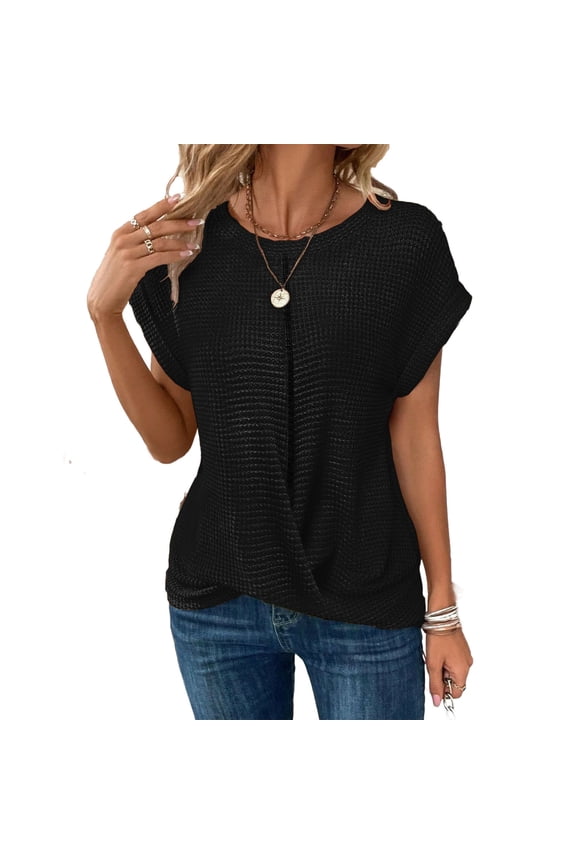 Women's Crew Neck Twist Front T Shirts Cap Sleeve Waffle Knit Loose Fit Tee Tops
