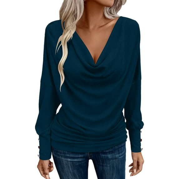 Byworldtasic Women's Draped Cowl Deep V-neck Tops Long Sleeve Stretchy Blouses Casual Shirts