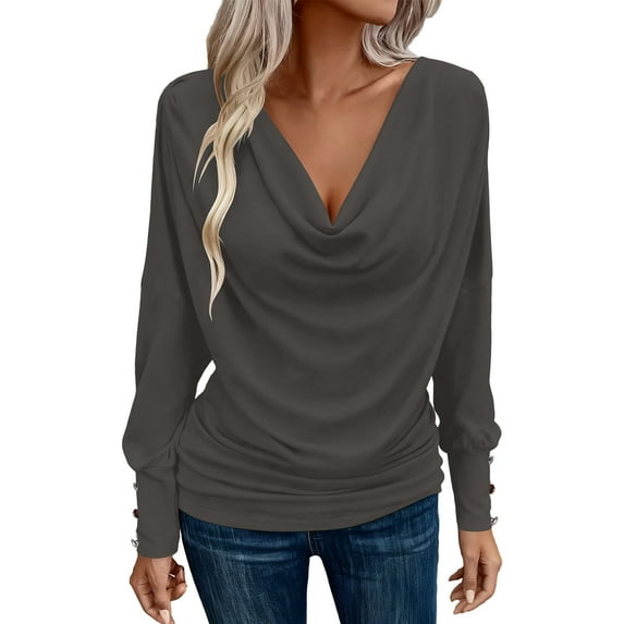 Byworldtasic Women's Draped Cowl Deep V-neck Tops Long Sleeve Stretchy Blouses Casual Shirts