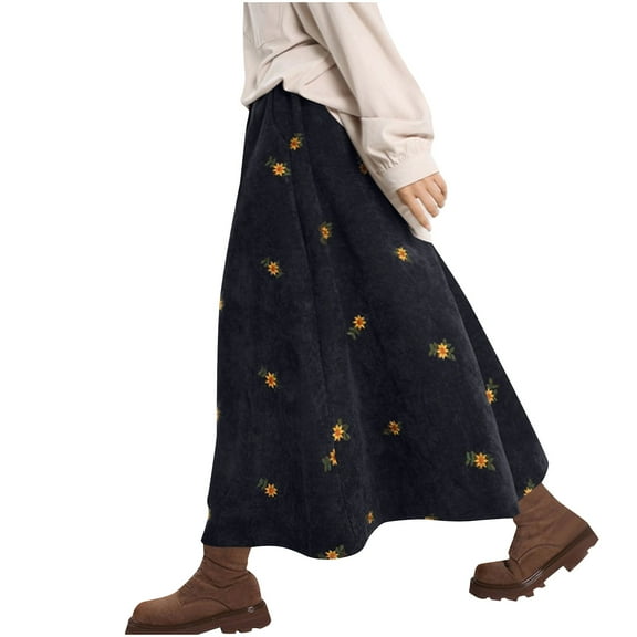 Byworldtasic Women's Embroidered Floral Corduroy Skirt High Waist Maxi Skirts A-Line Casual Long Skirt
