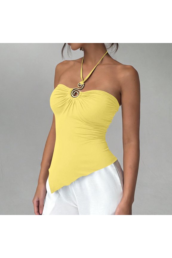 Women’s Fashion Solid-Color Neck-Wrap Drawstring Top Asymmetric Hem Backless Halter Top