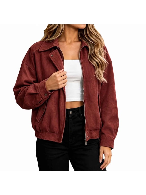 Women's Faux Suede Jacket Zip Up Cropped Bomber with Flap Pockets