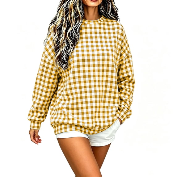 Byworldtasic Women's Gingham Print Crewneck Sweatshirt Casual Long Sleeve Oversized Top Loose Fit Pullover Top