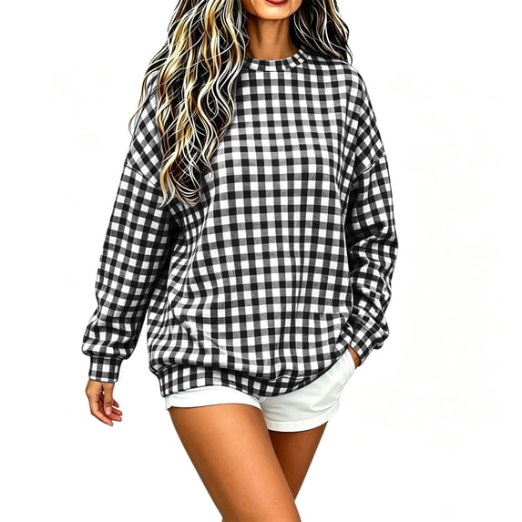 Byworldtasic Women's Gingham Print Crewneck Sweatshirt Casual Long Sleeve Oversized Top Loose Fit Pullover Top