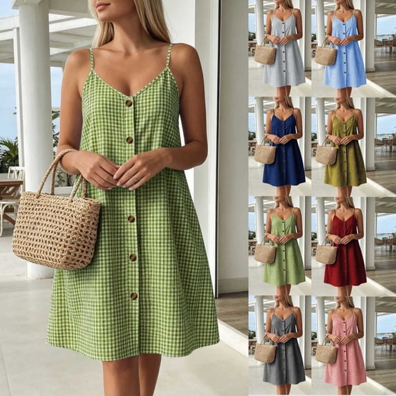 Byworldtasic Women's Gingham Spaghetti Strap Midi Dress V Neck Button Down Casual Loose Sundress with Pockets
