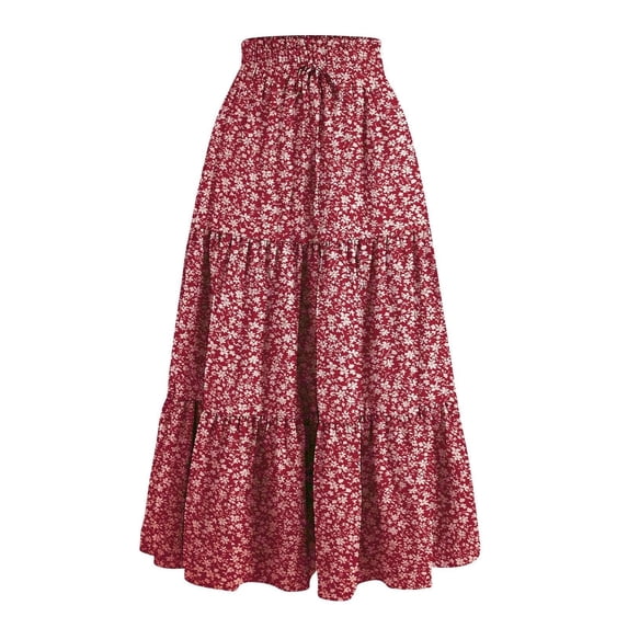 Byworldtasic Women's High Elastic Waist Midi Skirt Casual Summer Trendy Tie Front Flowy Ruffle Floral Print A line Skirts