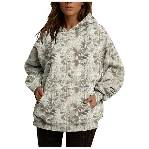 Byworldtasic Women's Hooded SweatshirtsWomen's Camouflage Leaf Print Tops Loose Fitting With Long Sleeves Pullover With Pockets For Hooded Sweatshirt