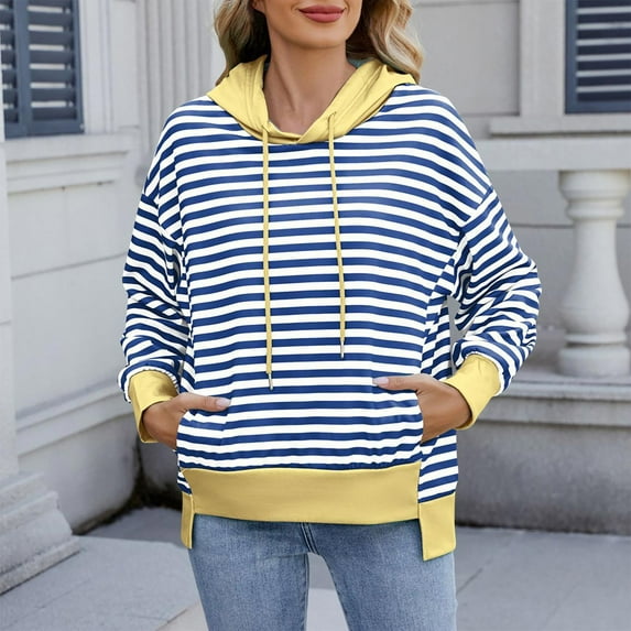 Byworldtasic Women's Hooded SweatshirtsWomen's New Long Sleeved Top Striped Pullover With Pockets Casual Hooded