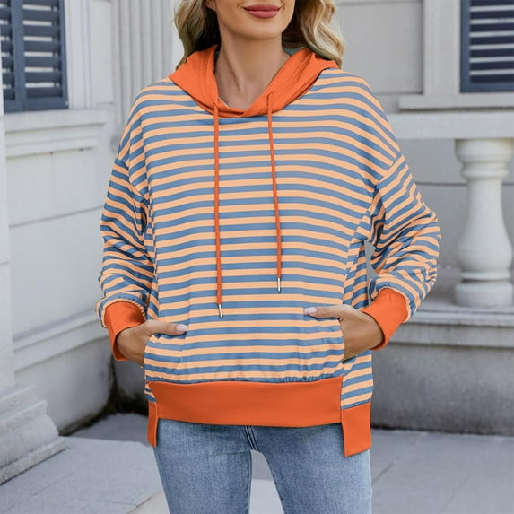 Byworldtasic Women's Hooded SweatshirtsWomen's New Long Sleeved Top Striped Pullover With Pockets Casual Hooded