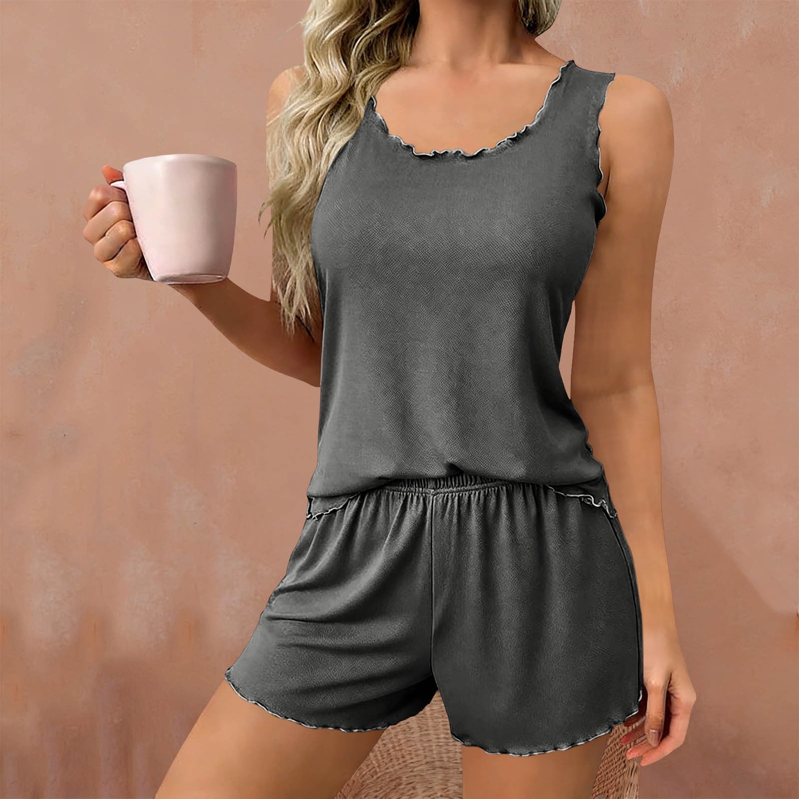 Byworldtasic Women's Ice Silk Summer Pajama Sets Loose Crewneck ...