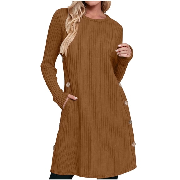 Byworldtasic Women's Knit Dress Long Sleeve Casual Crew Neck Tunic Dresses with Pockets Button Side Fall Winter Trendy Dress