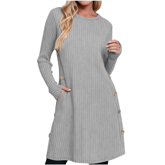 Byworldtasic Women's Knit Dress Long Sleeve Casual Crew Neck Tunic Dresses with Pockets Button Side Fall Winter Trendy Dress