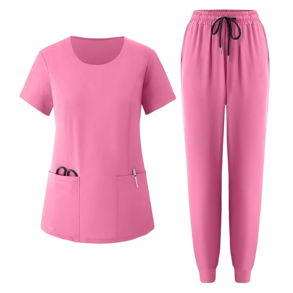Byworldtasic Women's Lightweight Work Set Hospital Work Clothes Short Sleeve Tops and Drawstring Pants Set with Pocket