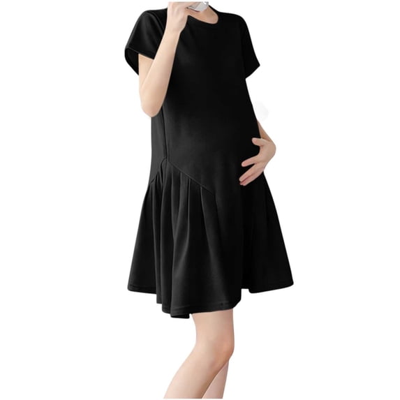 Byworldtasic Women's Loose Maternity Dresses Crew Neck Short Sleeve Dress Pleated A Line Flowy Short Dresses