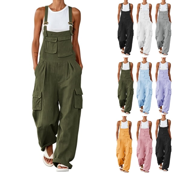 Byworldtasic Women's Loose Wide Leg Cargo Jumpsuit Summer Baggy Adjustable Strap Romper with Pockets