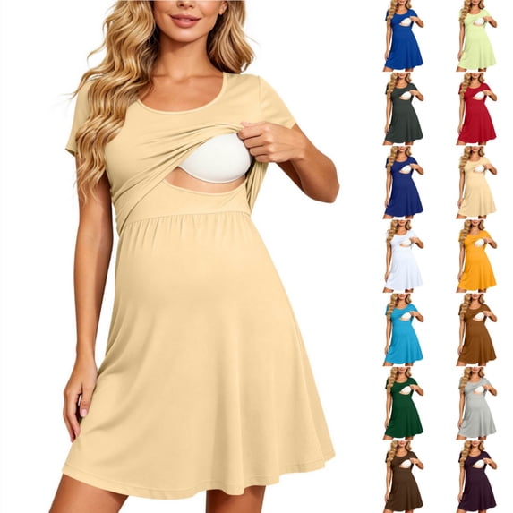 Byworldtasic Women's Nursing Casual Dress Maternity Dress Summer Short Sleeve Patchwork Pregnancy Dress