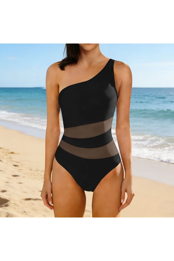 Women's One Shoulder Cutout Monokini Asymmetrical One Piece Swimsuit with Sheer Mesh Panels Sexy Swimsuit