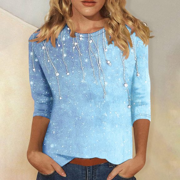 Byworldtasic Women's Oversize Long Sleeve Tops 3/4 Sleeve Pullover Tops for Women Casual Print Tops Round Neck Lightweight Breathable Blouses Sky Blue