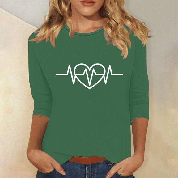 Byworldtasic Women's Oversize Long Sleeve Tops Women's Round Neck Soft Breathable Blouses 3/4 Length Sleeve Pullover T-shirt Simple Heart Print Basic Tops Green